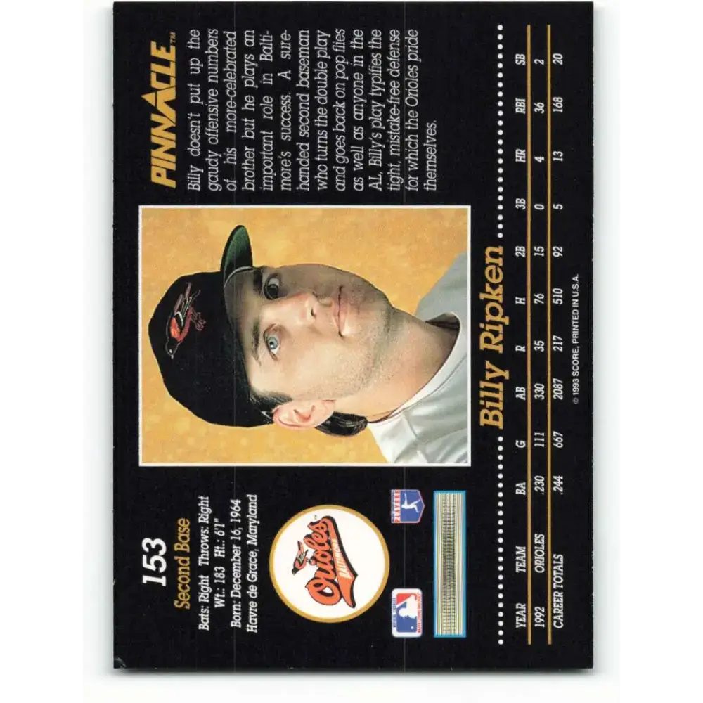 1993 Pinnacle #153 Billy Ripken NM-MT Baltimore Orioles Baseball Card - Baseball Card Single