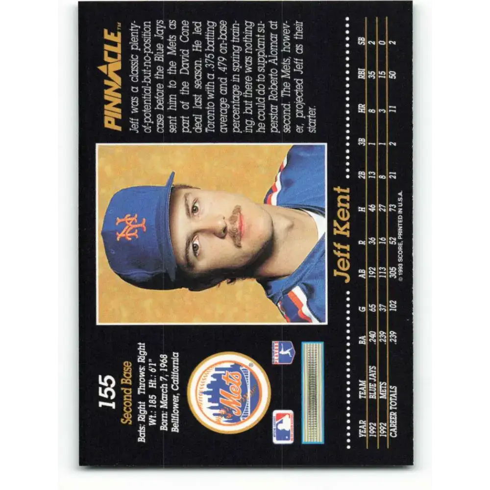 1993 Pinnacle #155 Jeff Kent NM-MT New York Mets Baseball Card - Baseball Card Single