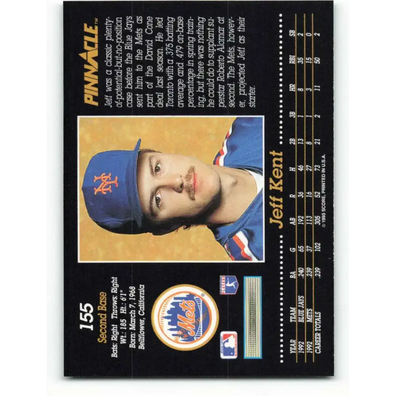 1993 Pinnacle #155 Jeff Kent NM-MT New York Mets Baseball Card - Baseball Card Single