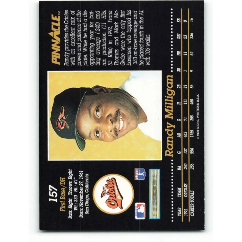 1993 Pinnacle #157 Randy Milligan NM-MT Baltimore Orioles Baseball Card - Baseball Card Single