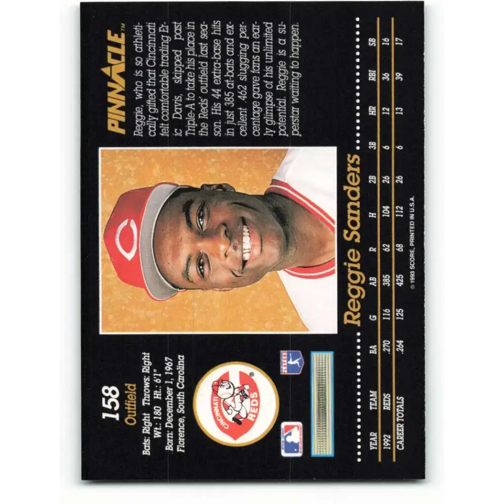 1993 Pinnacle #158 Reggie Sanders NM-MT Cincinnati Reds Baseball Card - Baseball Card Single