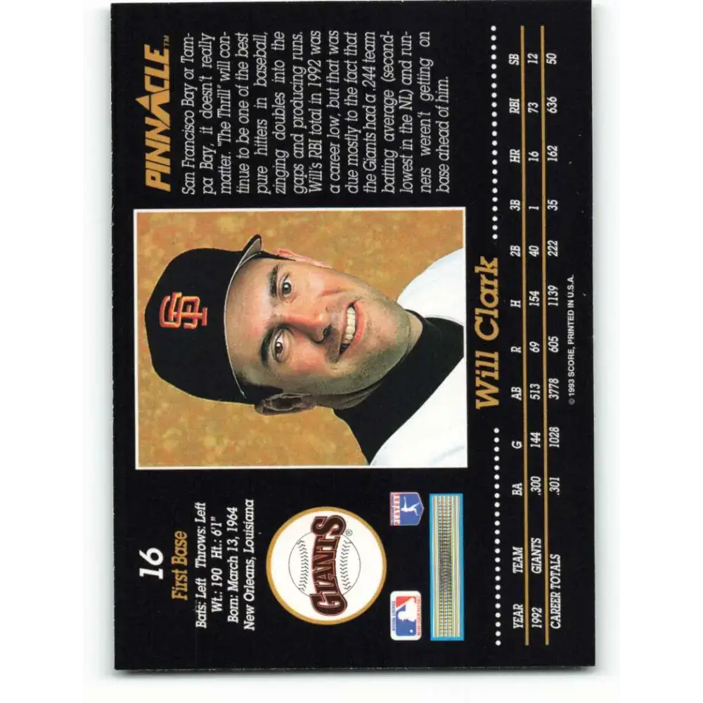 1993 Pinnacle #16 Will Clark NM-MT San Francisco Giants Baseball Card - Baseball Card Single