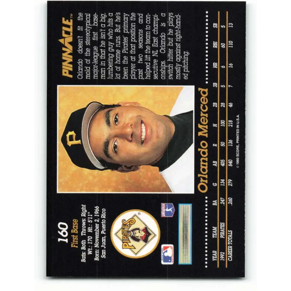 1993 Pinnacle #160 Orlando Merced NM-MT Pittsburgh Pirates Baseball Card - Baseball Card Single
