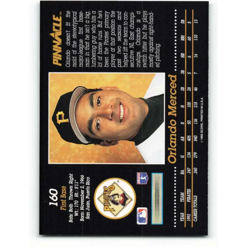 1993 Pinnacle #160 Orlando Merced NM-MT Pittsburgh Pirates Baseball Card - Baseball Card Single