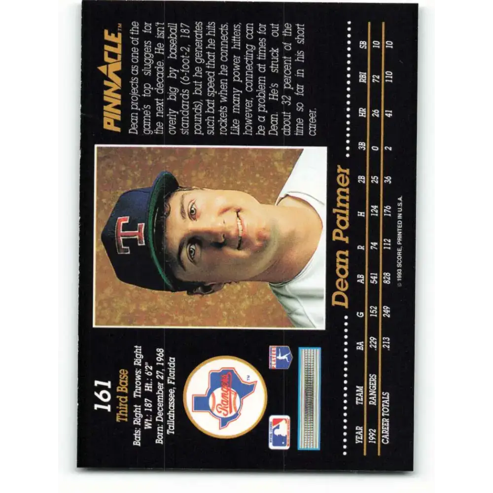 1993 Pinnacle #161 Dean Palmer NM-MT Texas Rangers Baseball Card - Baseball Card Single