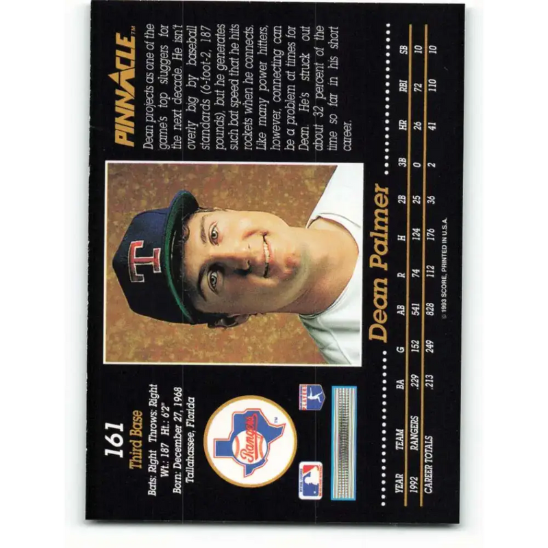 1993 Pinnacle #161 Dean Palmer NM-MT Texas Rangers Baseball Card - Baseball Card Single