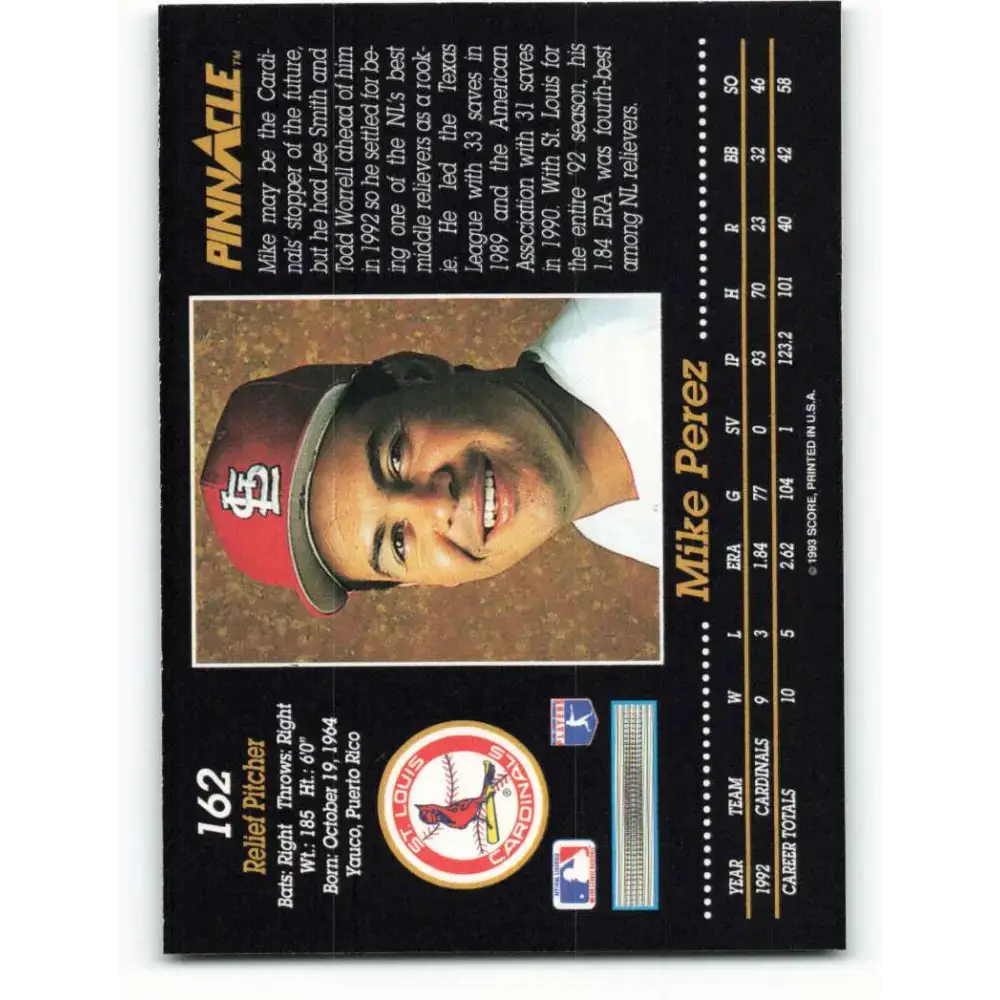 1993 Pinnacle #162 Mike Perez NM-MT St. Louis Cardinals Baseball Card - Baseball Card Single