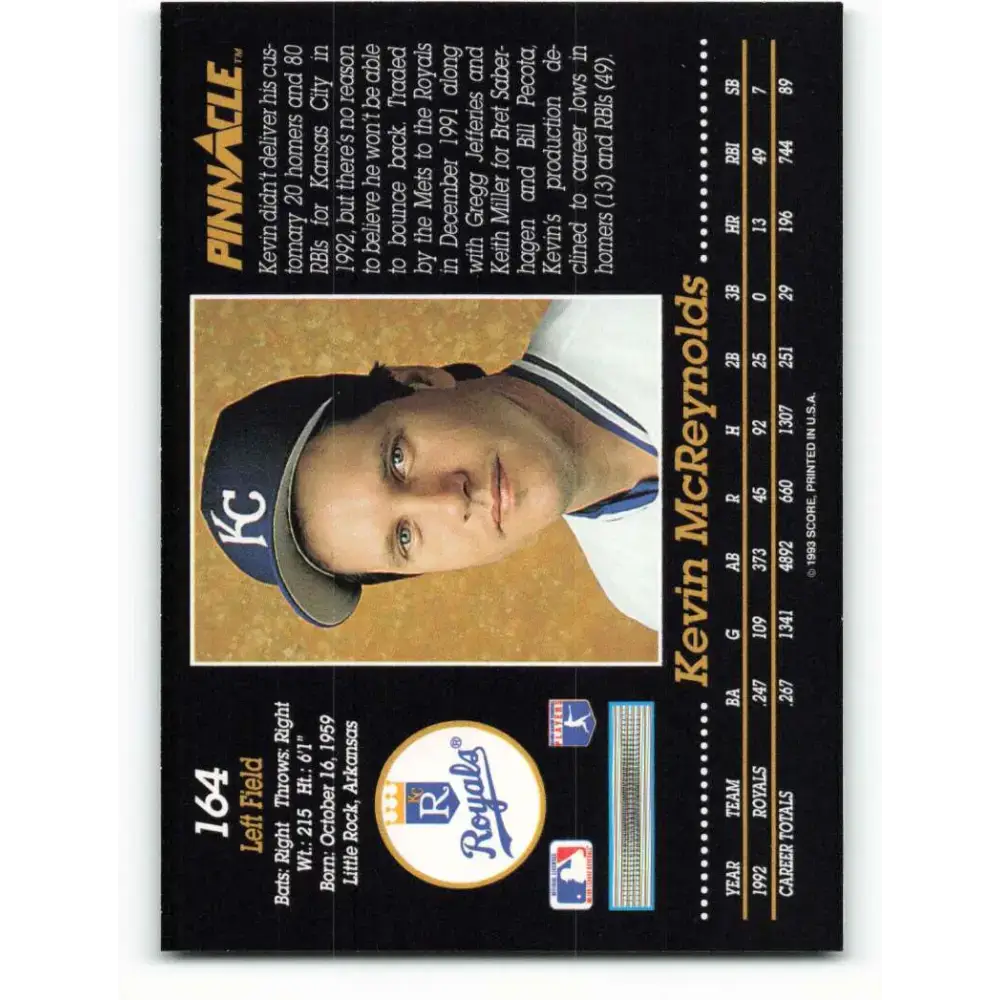 1993 Pinnacle #164 Kevin McReynolds NM-MT Kansas City Royals Baseball Card - Baseball Card Single