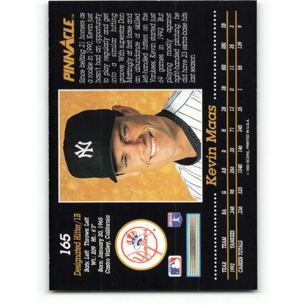 1993 Pinnacle #165 Kevin Maas NM-MT New York Yankees Baseball Card - Baseball Card Single