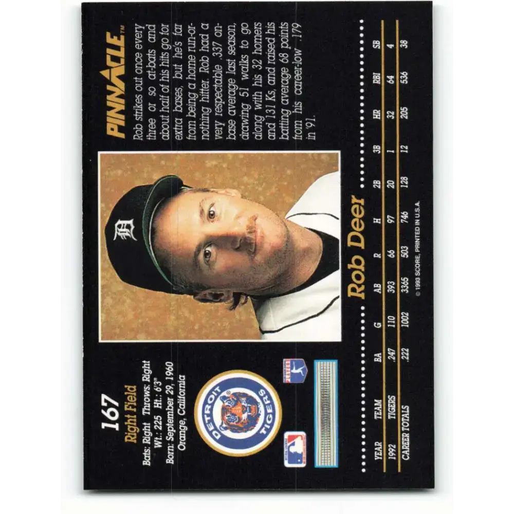 1993 Pinnacle #167 Rob Deer NM-MT Detroit Tigers Baseball Card - Baseball Card Single