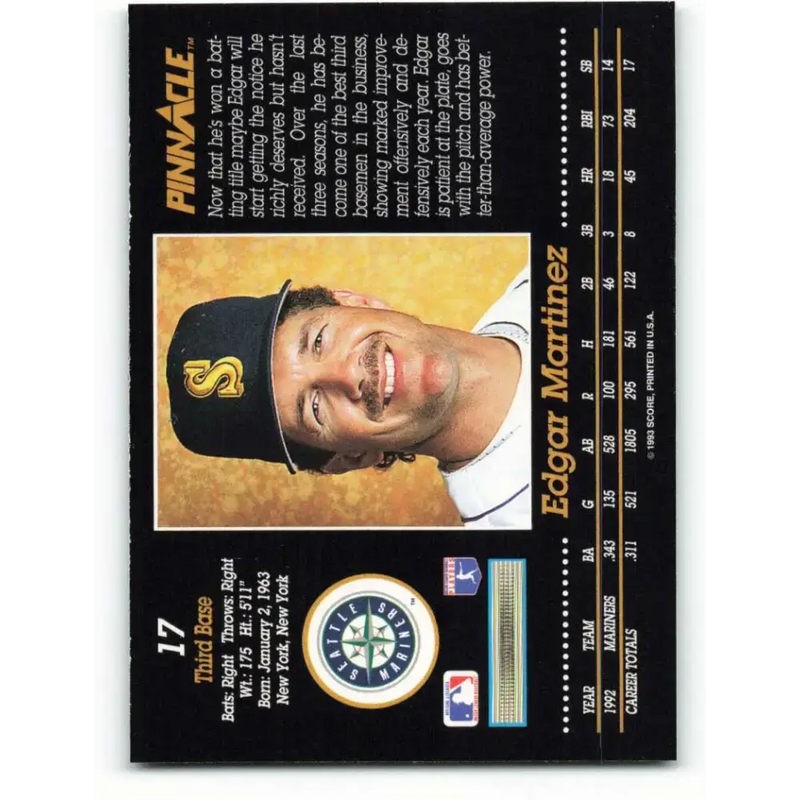 1993 Pinnacle #17 Edgar Martinez NM-MT Seattle Mariners Baseball Card - Baseball Card Single
