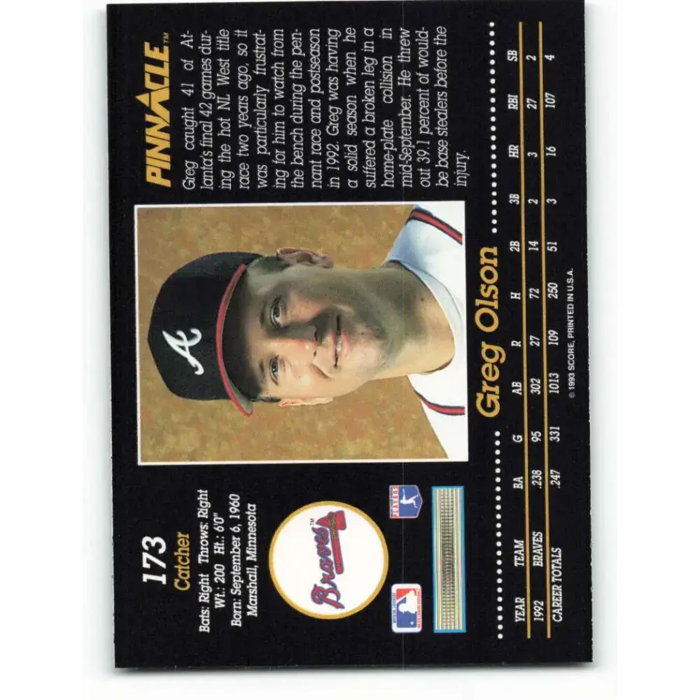 1993 Pinnacle #173 Greg Olson NM-MT Atlanta Braves Baseball Card - Baseball Card Single