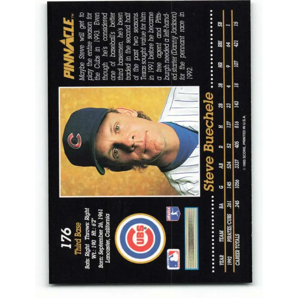 1993 Pinnacle #176 Steve Buechele NM-MT Chicago Cubs Baseball Card - Baseball Card Single