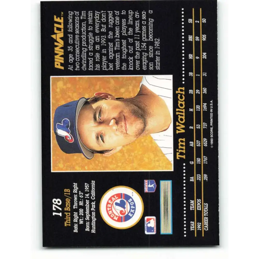 1993 Pinnacle #178 Tim Wallach NM-MT Montreal Expos Baseball Card - Baseball Card Single