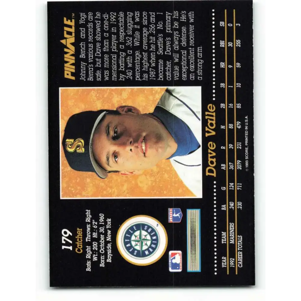 1993 Pinnacle #179 Dave Valle NM-MT Seattle Mariners Baseball Card - Baseball Card Single
