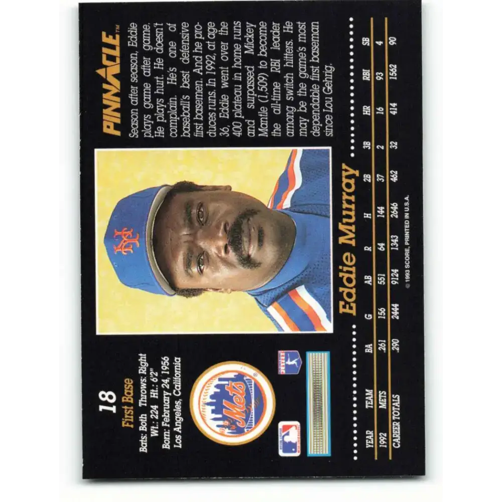 1993 Pinnacle #18 Eddie Murray NM-MT New York Mets Baseball Card - Baseball Card Single