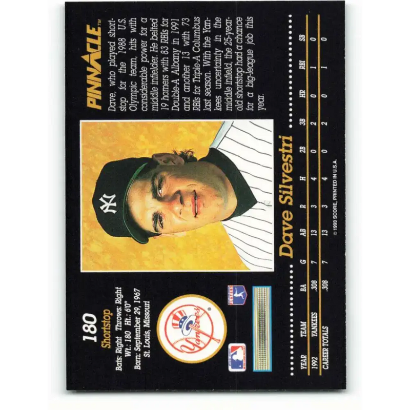 1993 Pinnacle #180 Dave Silvestri NM-MT New York Yankees Baseball Card - Baseball Card Single