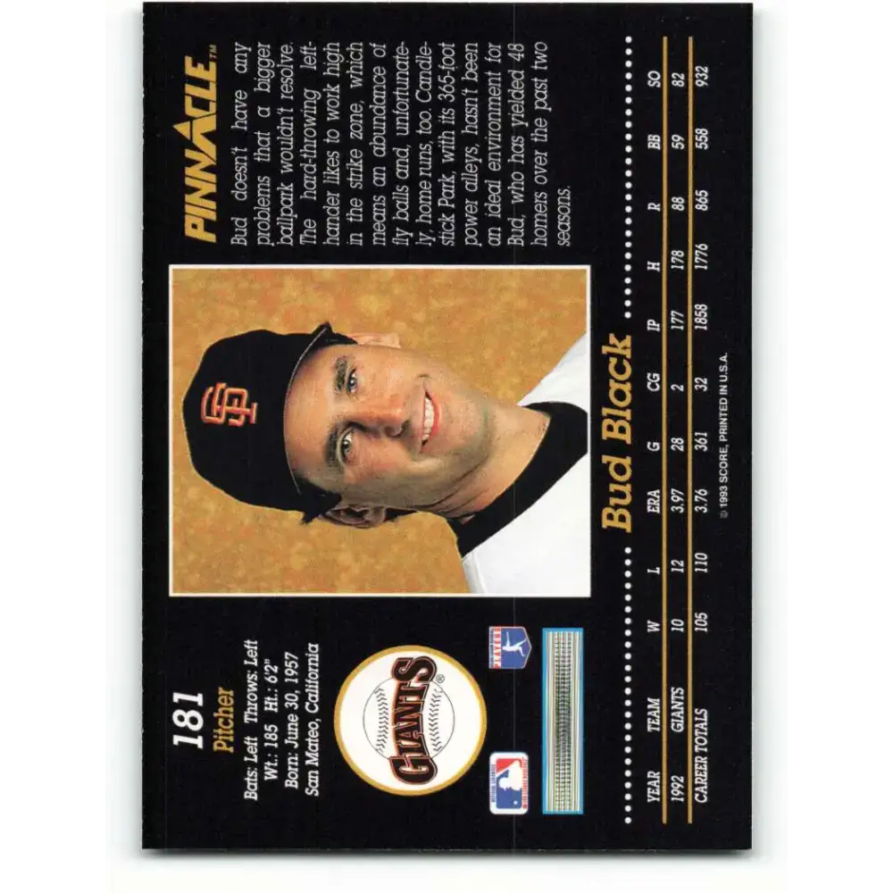 1993 Pinnacle #181 Bud Black NM-MT San Francisco Giants Baseball Card - Baseball Card Single