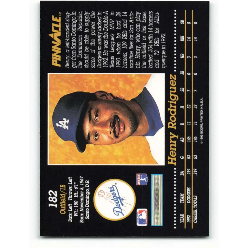 1993 Pinnacle #182 Henry Rodriguez NM-MT Los Angeles Dodgers Baseball Card - Baseball Card Single