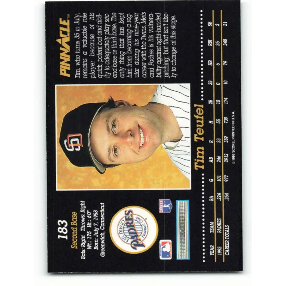 1993 Pinnacle #183 Tim Teufel NM-MT San Diego Padres Baseball Card - Baseball Card Single