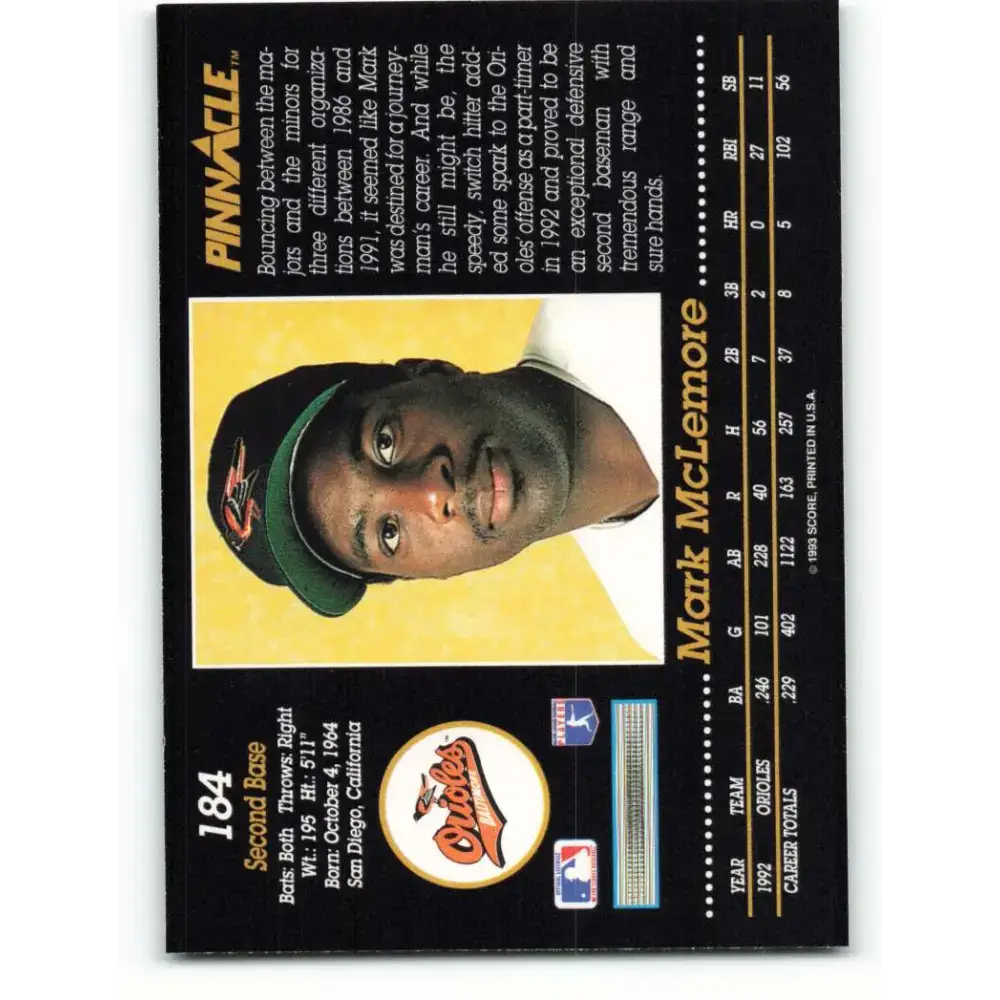 1993 Pinnacle #184 Mark McLemore NM-MT Baltimore Orioles Baseball Card - Baseball Card Single