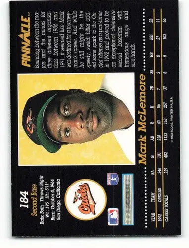 Original gloss baseball trading card of Mark McLemore NM-MT Orioles 1993 Pinnacle