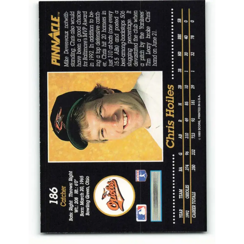 1993 Pinnacle #186 Chris Hoiles NM-MT Baltimore Orioles Baseball Card - Baseball Card Single
