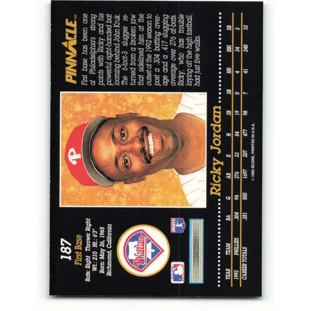 1993 Pinnacle #187 Ricky Jordan NM-MT Philadelphia Phillies Baseball Card - Baseball Card Single