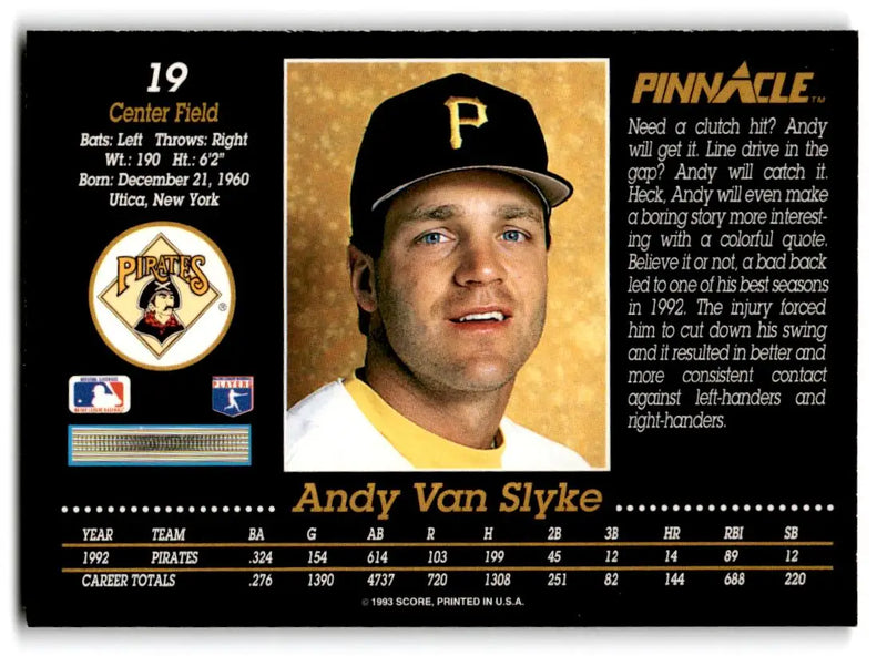 1993 Pinnacle #19 Andy Van Slyke - Baseball Card Single