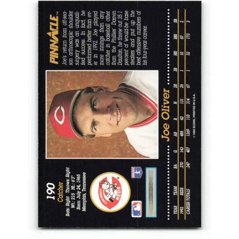 1993 Pinnacle #190 Joe Oliver NM-MT Cincinnati Reds Baseball Card - Baseball Card Single