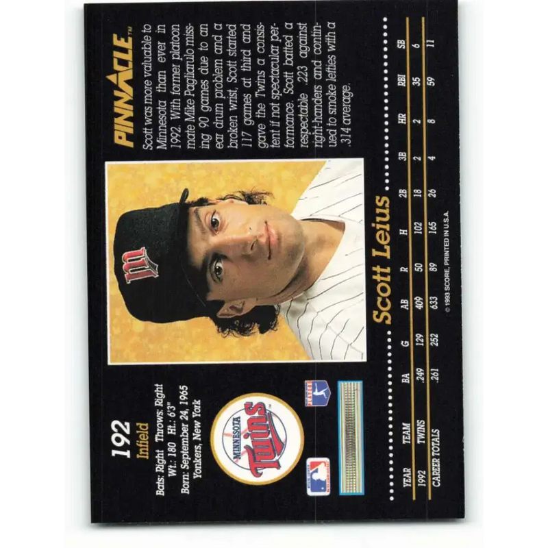 1993 Pinnacle #192 Scott Leius NM-MT Minnesota Twins Baseball Card - Baseball Card Single