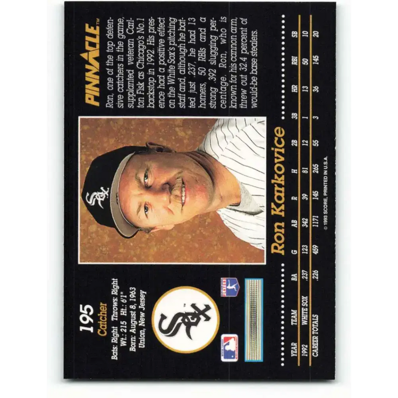 1993 Pinnacle #195 Ron Karkovice NM-MT Chicago White Sox Baseball Card - Baseball Card Single