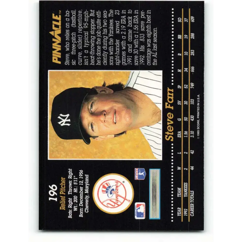 1993 Pinnacle #196 Steve Farr NM-MT New York Yankees Baseball Card - Baseball Card Single