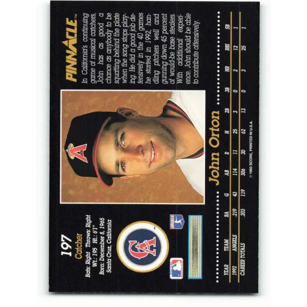 1993 Pinnacle #197 John Orton NM-MT California Angels Baseball Card - Baseball Card Single