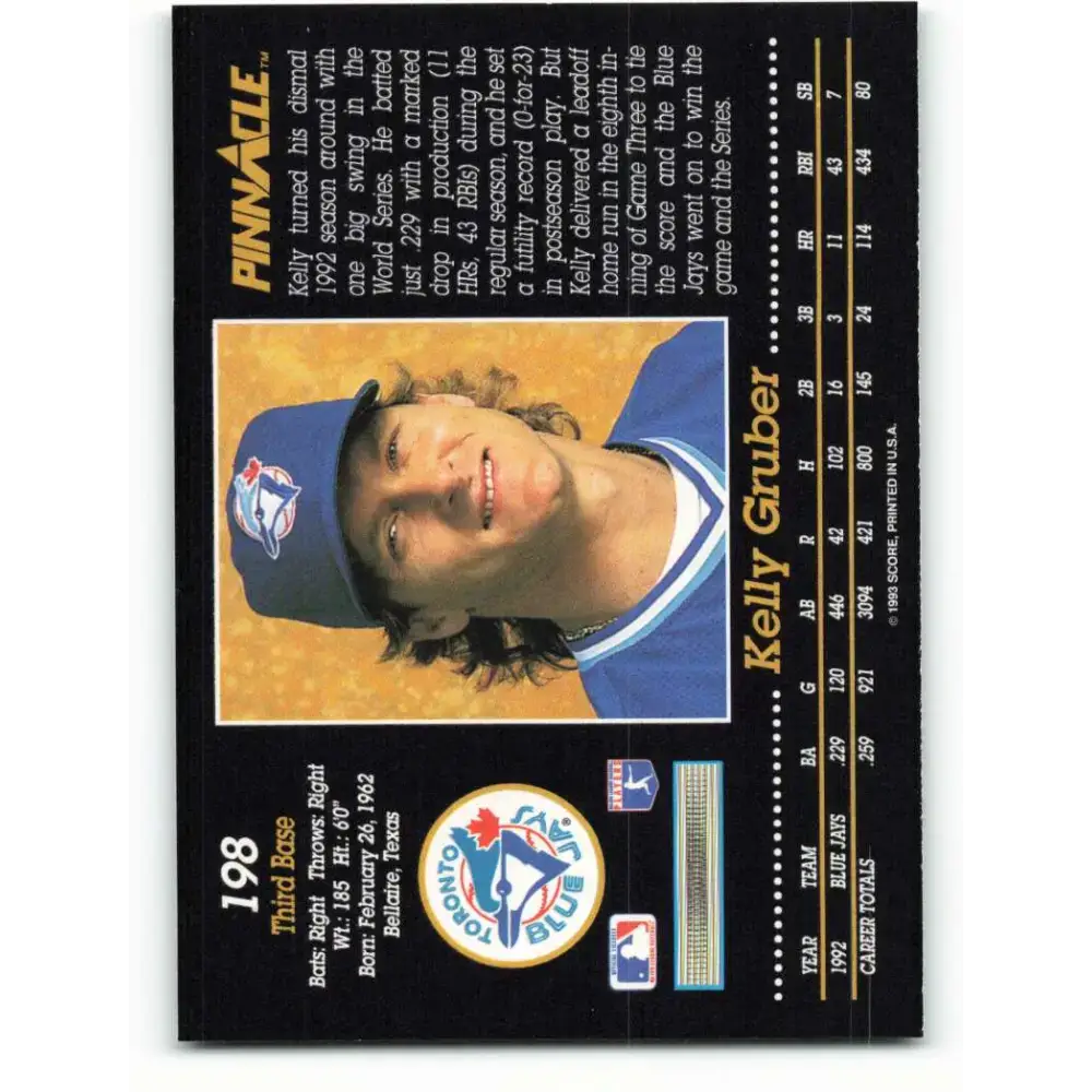 1993 Pinnacle #198 Kelly Gruber NM-MT Toronto Blue Jays Baseball Card - Baseball Card Single