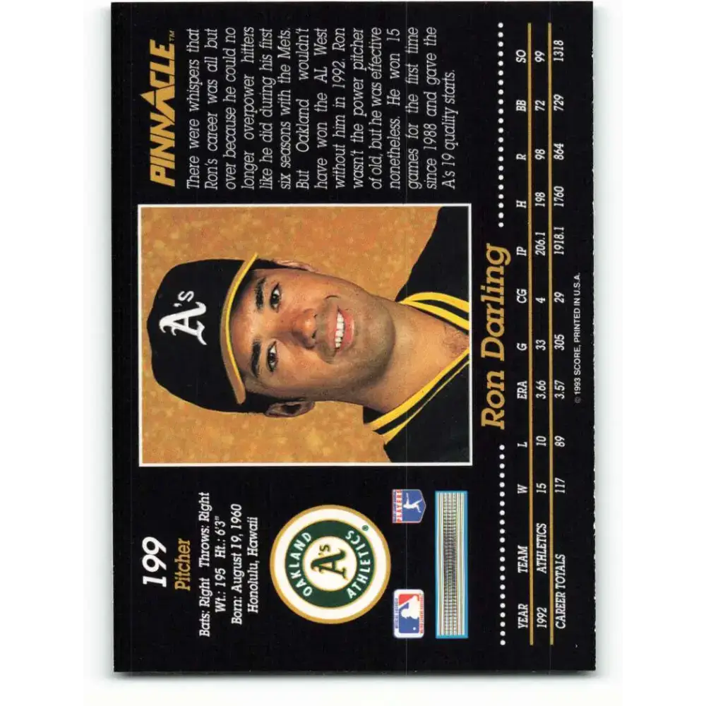 1993 Pinnacle #199 Ron Darling NM-MT Oakland Athletics Baseball Card - Baseball Card Single