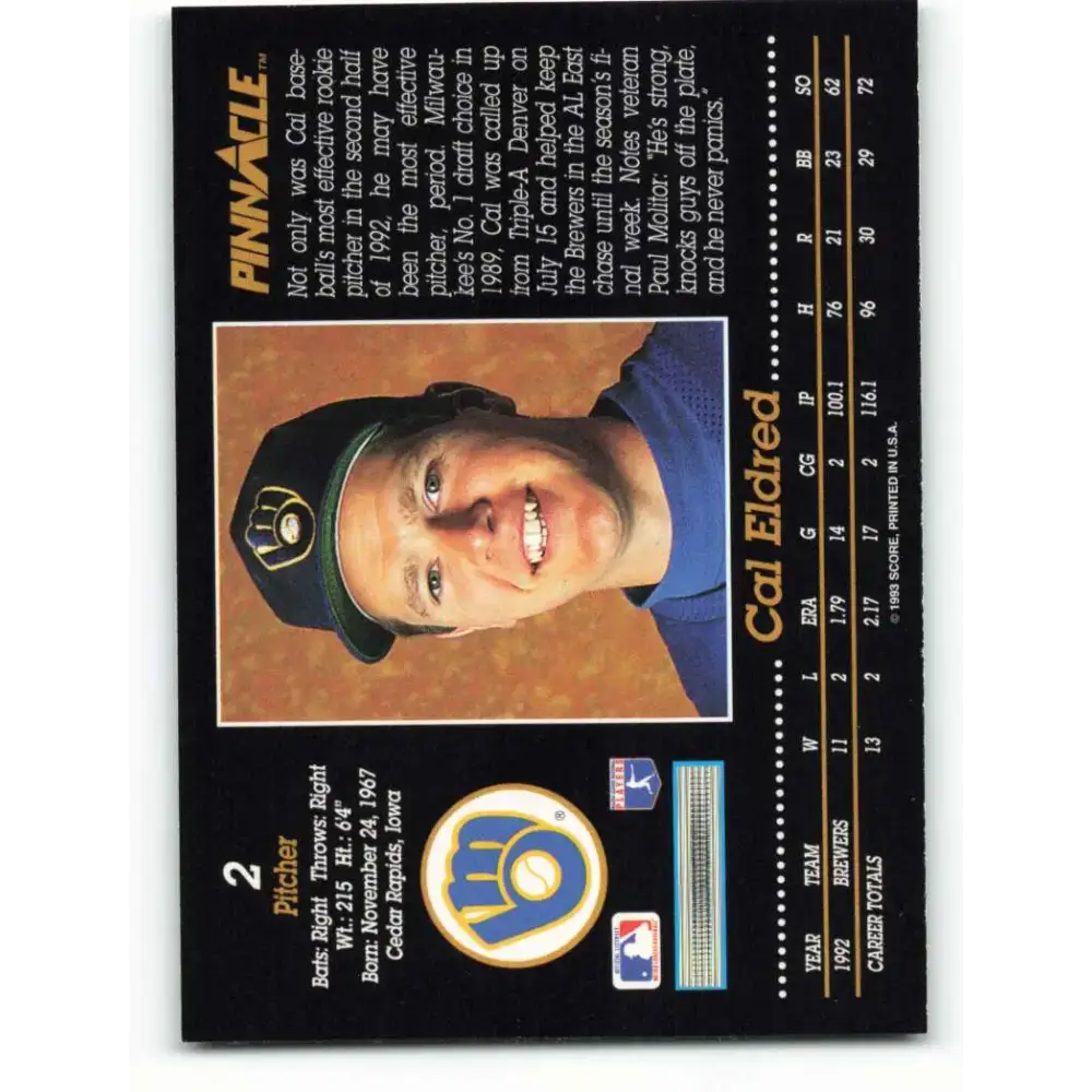 1993 Pinnacle #2 Cal Eldred NM-MT Milwaukee Brewers Baseball Card - Baseball Card Single