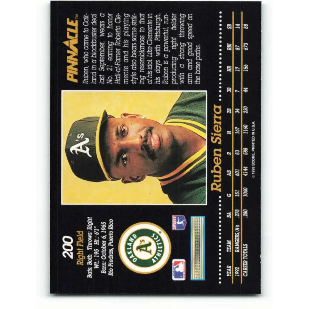 1993 Pinnacle #200 Ruben Sierra NM-MT Oakland Athletics Baseball Card - Baseball Card Single