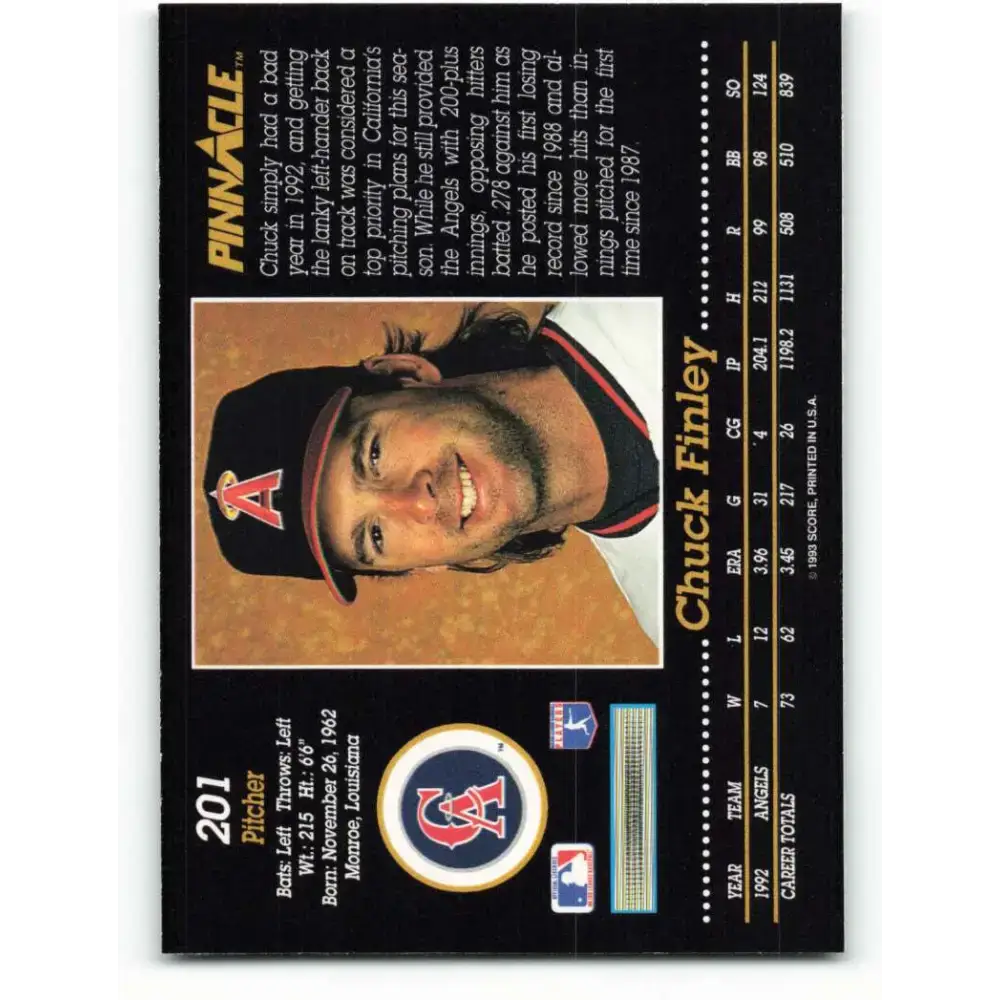 1993 Pinnacle #201 Chuck Finley NM-MT California Angels Baseball Card - Baseball Card Single