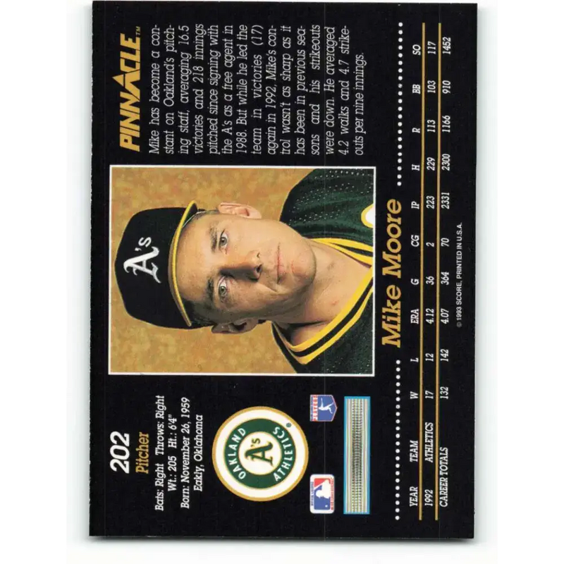 1993 Pinnacle #202 Mike Moore NM-MT Oakland Athletics Baseball Card - Baseball Card Single