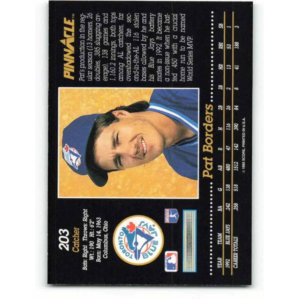 1993 Pinnacle #203 Pat Borders NM-MT Toronto Blue Jays Baseball Card - Baseball Card Single