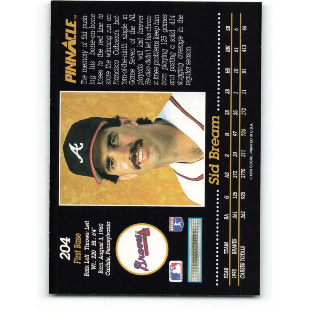 1993 Pinnacle #204 Sid Bream NM-MT Atlanta Braves Baseball Card - Baseball Card Single