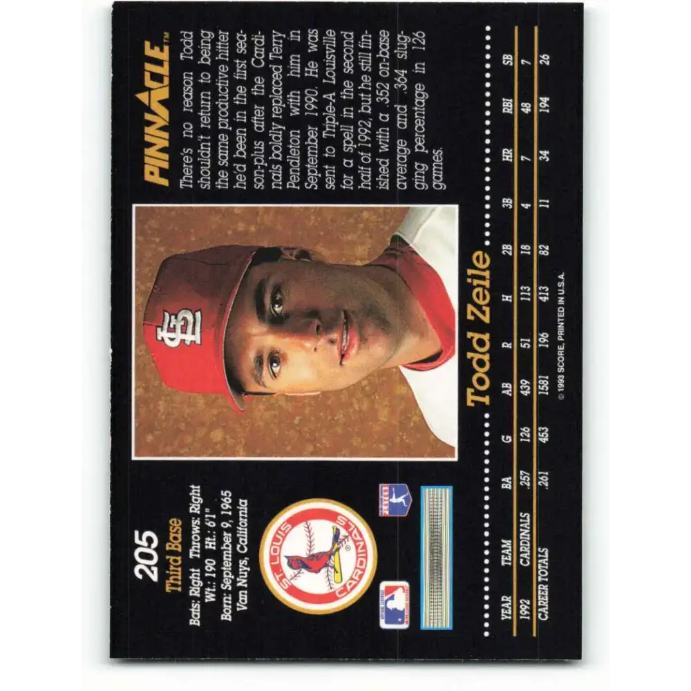 1993 Pinnacle #205 Todd Zeile NM-MT St. Louis Cardinals Baseball Card - Baseball Card Single