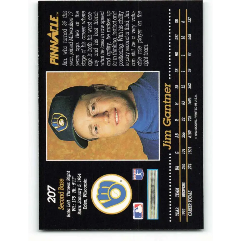 1993 Pinnacle #207 Jim Gantner NM-MT Milwaukee Brewers Baseball Card - Baseball Card Single