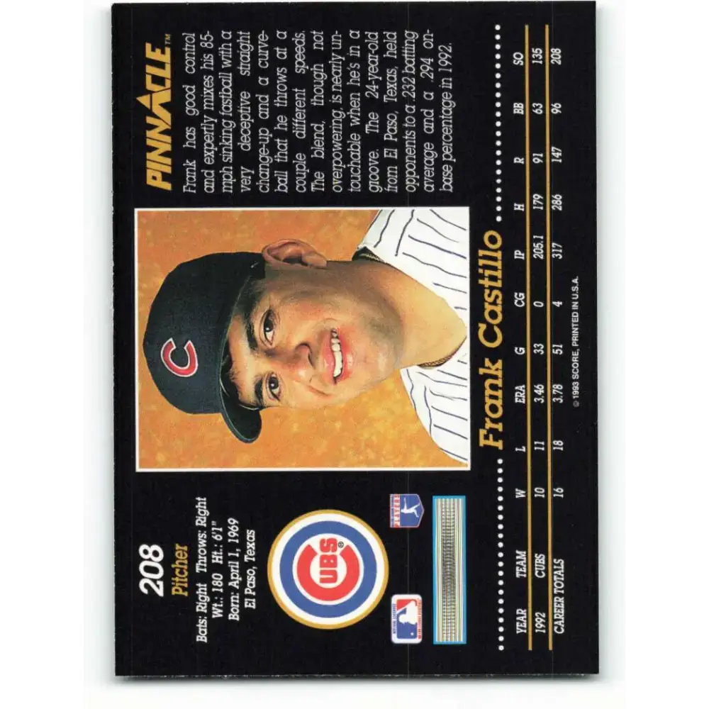 1993 Pinnacle #208 Frank Castillo NM-MT Chicago Cubs Baseball Card - Baseball Card Single
