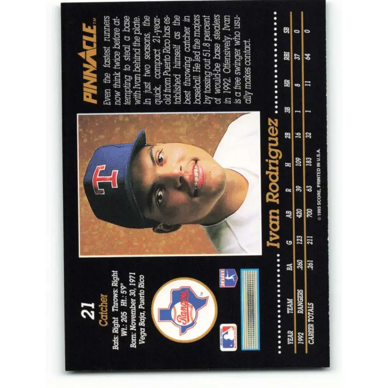 1993 Pinnacle #21 Ivan Rodriguez NM-MT Texas Rangers Baseball Card - Baseball Card Single