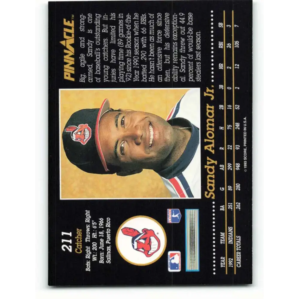 1993 Pinnacle #211 Sandy Alomar Jr. NM-MT Cleveland Indians Baseball Card - Baseball Card Single