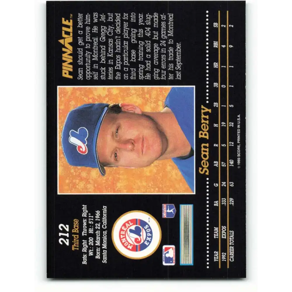 1993 Pinnacle #212 Sean Berry NM-MT Montreal Expos Baseball Card - Baseball Card Single