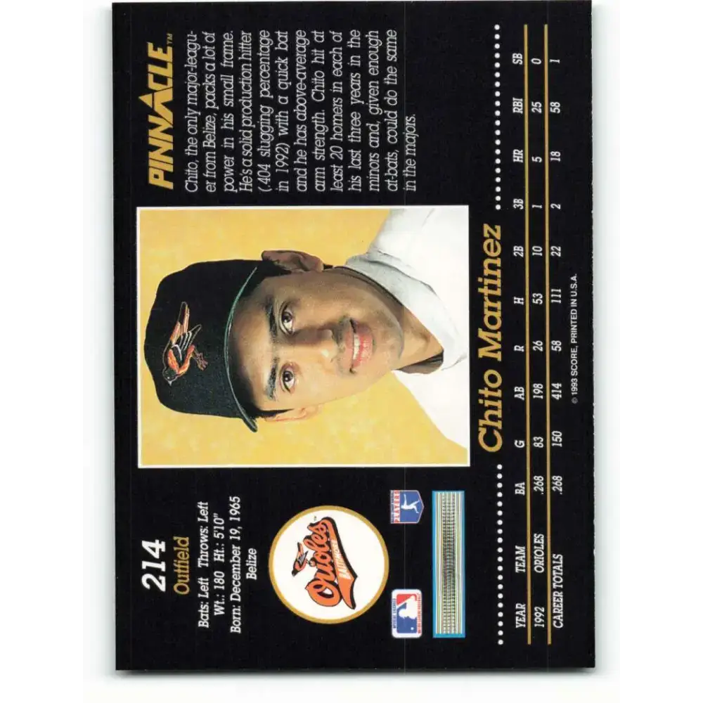 1993 Pinnacle #214 Chito Martinez NM-MT Baltimore Orioles Baseball Card - Baseball Card Single
