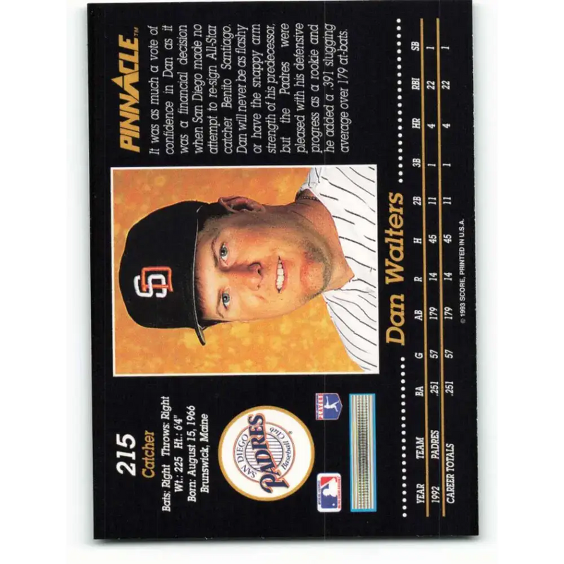 1993 Pinnacle #215 Dan Walters NM-MT San Diego Padres Baseball Card - Baseball Card Single